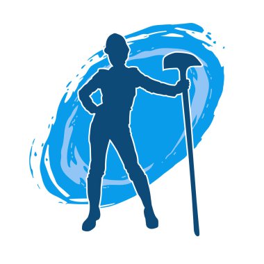 Çalışan kostümü giyen bir kadının silüeti. Kürek aletleriyle poz veriyor..