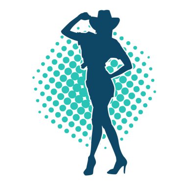 Kovboy kostümü giymiş bir kadın modelin silueti. Poz vermiş bir kovboy kızın silueti..