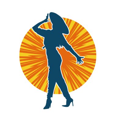 Kovboy kostümü giymiş bir kadın modelin silueti. Poz vermiş bir kovboy kızın silueti..