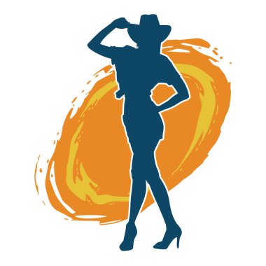 Kovboy kostümü giymiş bir kadın modelin silueti. Poz vermiş bir kovboy kızın silueti..