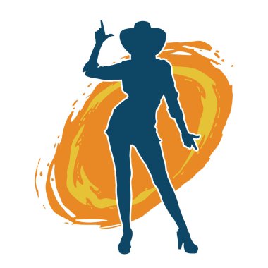 Kovboy kostümü giymiş bir kadın modelin silueti. Poz vermiş bir kovboy kızın silueti..