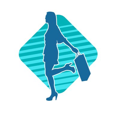 Sıska genç bir kadının silüeti alışveriş torbaları taşıyor..