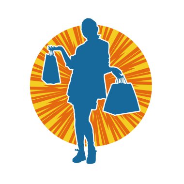 Sıska genç bir kadının silüeti alışveriş torbaları taşıyor..