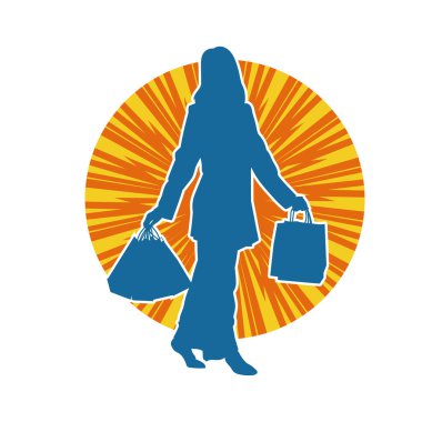 Sıska genç bir kadının silüeti alışveriş torbaları taşıyor..