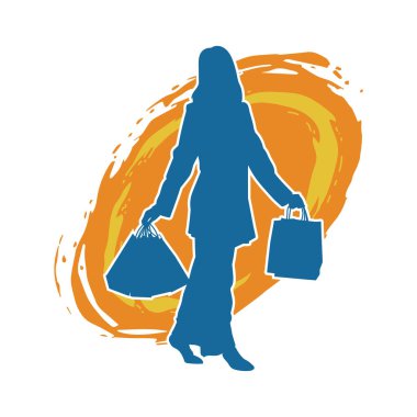 Sıska genç bir kadının silüeti alışveriş torbaları taşıyor..