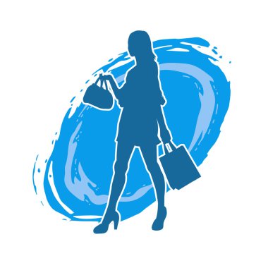 Sıska genç bir kadının silüeti alışveriş torbaları taşıyor..