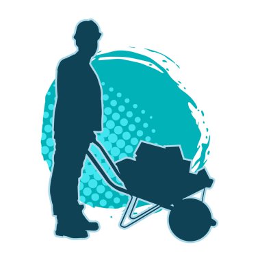 El arabası kullanan bir erkek işçinin silueti. El arabası iten bir inşaat işçisinin silueti..