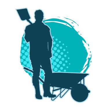 Kürek aleti ve el arabası taşıyan bir erkek işçinin silueti.