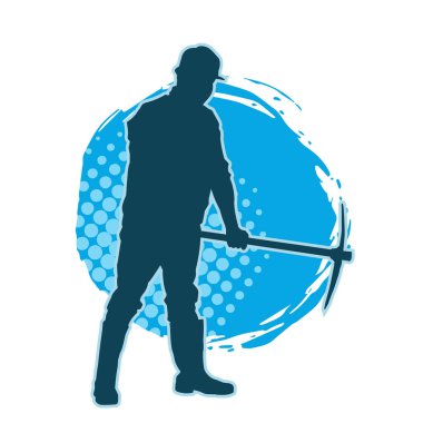 İşçi kostümü giymiş, elinde baltayla hareket halindeki bir kadın silueti. Bir kadın madencinin silueti hareket halindeyken baltayla poz veriyor..