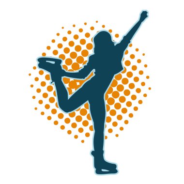 Buz pateninde dans eden genç, zayıf bir kadının silueti. Buz pateni yapan bir kadının silueti.,