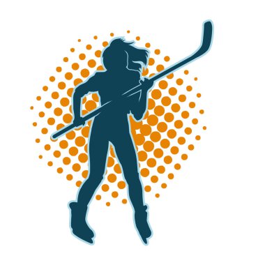 Kadın buz hokeyi atletinin silueti iş başında. Buz hokeyi kış sporu yapan bir kadının silueti..