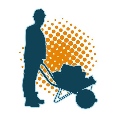 El arabası kullanan bir erkek işçinin silueti. El arabası iten bir inşaat işçisinin silueti..