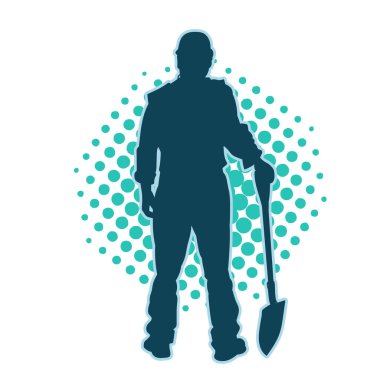 Kürek taşıyan bir işçinin silüeti. Bir işçinin hareket halindeki silueti kürek aracı kullanarak poz verir.