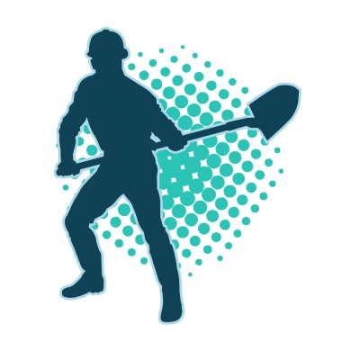 Kürek taşıyan bir işçinin silüeti. Bir işçinin hareket halindeki silueti kürek aracı kullanarak poz verir.