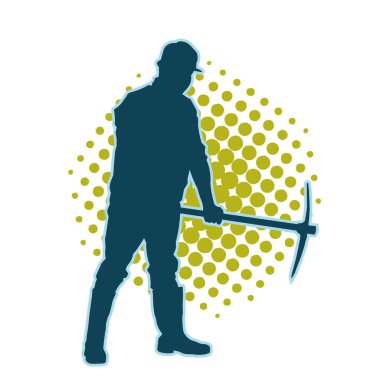 İşçi kostümü giymiş, elinde baltayla hareket halindeki bir kadın silueti. Bir kadın madencinin silueti hareket halindeyken baltayla poz veriyor..