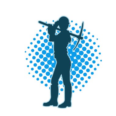 İşçi kostümü giymiş, elinde baltayla hareket halindeki bir kadın silueti. Bir kadın madencinin silueti hareket halindeyken baltayla poz veriyor..