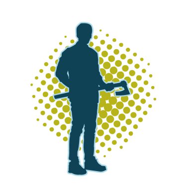 Balta taşıyan bir adamın silüeti. Balta taşıyan erkek bir oduncunun silueti..