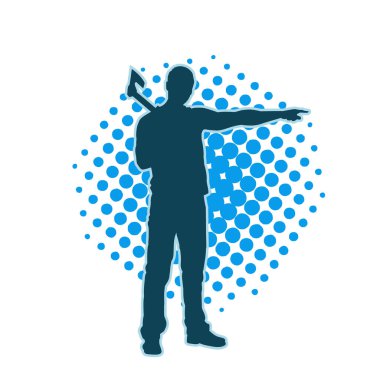 Balta taşıyan bir adamın silüeti. Balta taşıyan erkek bir oduncunun silueti..