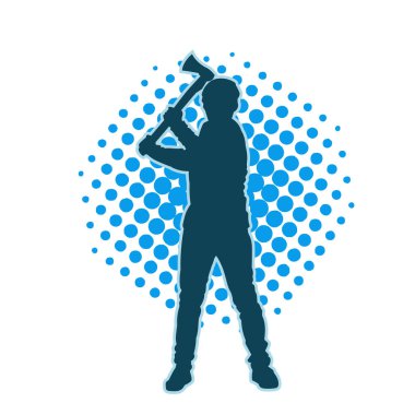 Balta taşıyan bir adamın silüeti. Balta taşıyan erkek bir oduncunun silueti..