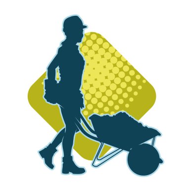 El arabası iten bir kadın işçinin silueti. El arabası kullanan bir kadın işçinin silüeti.