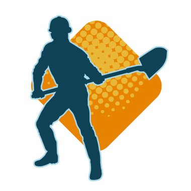 Kürek taşıyan bir işçinin silüeti. Bir işçinin hareket halindeki silueti kürek aracı kullanarak poz verir.