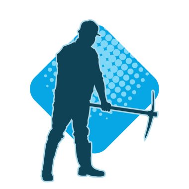 İşçi kostümü giymiş, elinde baltayla hareket halindeki bir kadın silueti. Bir kadın madencinin silueti hareket halindeyken baltayla poz veriyor..