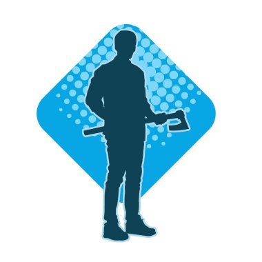 Balta taşıyan bir adamın silüeti. Balta taşıyan erkek bir oduncunun silueti..