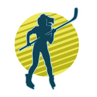 Kadın buz hokeyi atletinin silueti iş başında. Buz hokeyi kış sporu yapan bir kadının silueti..