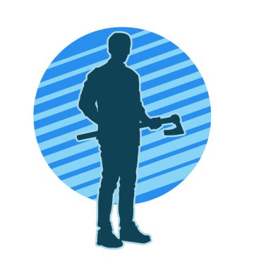 Balta taşıyan bir adamın silüeti. Balta taşıyan erkek bir oduncunun silueti..