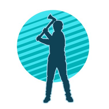 Balta taşıyan bir adamın silüeti. Balta taşıyan erkek bir oduncunun silueti..