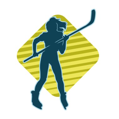 Kadın buz hokeyi atletinin silueti iş başında. Buz hokeyi kış sporu yapan bir kadının silueti..