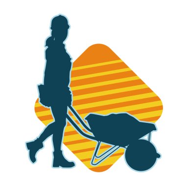 El arabası iten bir kadın işçinin silueti. El arabası kullanan bir kadın işçinin silüeti.