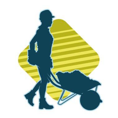 El arabası iten bir kadın işçinin silueti. El arabası kullanan bir kadın işçinin silüeti.