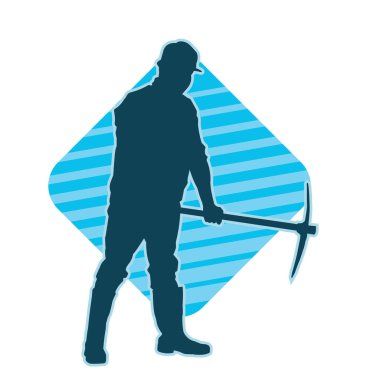 İşçi kostümü giymiş, elinde baltayla hareket halindeki bir kadın silueti. Bir kadın madencinin silueti hareket halindeyken baltayla poz veriyor..