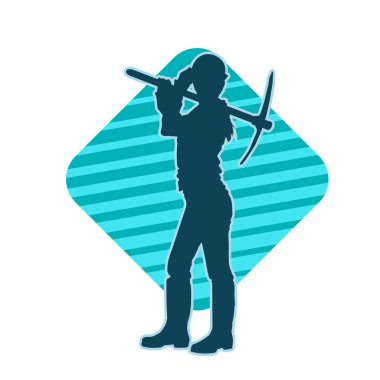 İşçi kostümü giymiş, elinde baltayla hareket halindeki bir kadın silueti. Bir kadın madencinin silueti hareket halindeyken baltayla poz veriyor..