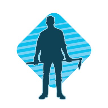 Balta taşıyan bir adamın silüeti. Balta taşıyan erkek bir oduncunun silueti..