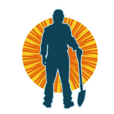 Kürek taşıyan bir işçinin silüeti. Bir işçinin hareket halindeki silueti kürek aracı kullanarak poz verir.
