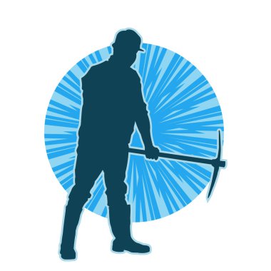 İşçi kostümü giymiş, elinde baltayla hareket halindeki bir kadın silueti. Bir kadın madencinin silueti hareket halindeyken baltayla poz veriyor..