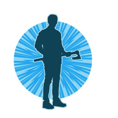 Balta taşıyan bir adamın silüeti. Balta taşıyan erkek bir oduncunun silueti..