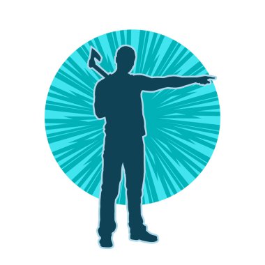 Balta taşıyan bir adamın silüeti. Balta taşıyan erkek bir oduncunun silueti..