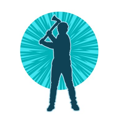 Balta taşıyan bir adamın silüeti. Balta taşıyan erkek bir oduncunun silueti..