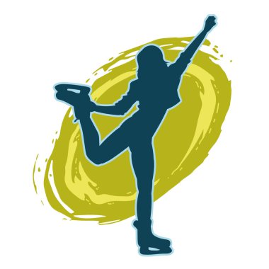 Buz pateninde dans eden genç, zayıf bir kadının silueti. Buz pateni yapan bir kadının silueti.,