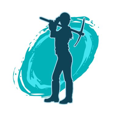 İşçi kostümü giymiş, elinde baltayla hareket halindeki bir kadın silueti. Bir kadın madencinin silueti hareket halindeyken baltayla poz veriyor..