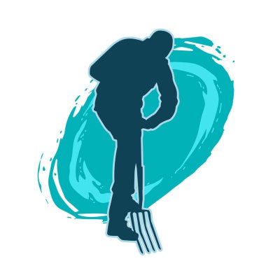 Çatal ya da zemin çatalı taşıyan bir erkek işçinin silueti. Bahçıvanın silueti bahçe çatalıyla çalışıyor..