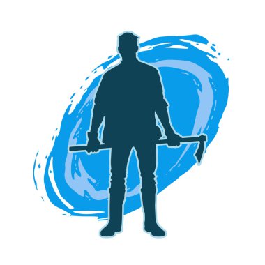 Balta taşıyan bir adamın silüeti. Balta taşıyan erkek bir oduncunun silueti..