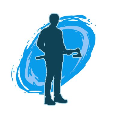 Balta taşıyan bir adamın silüeti. Balta taşıyan erkek bir oduncunun silueti..