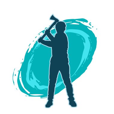 Balta taşıyan bir adamın silüeti. Balta taşıyan erkek bir oduncunun silueti..