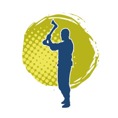 Balta taşıyan bir adamın silüeti. Balta taşıyan erkek bir oduncunun silueti..