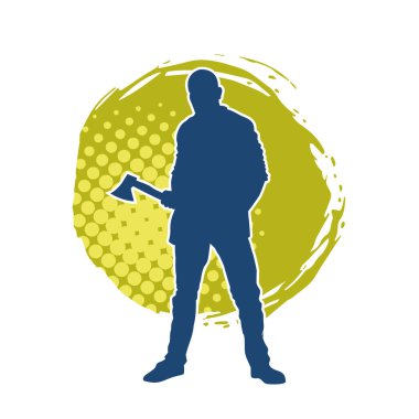 Balta taşıyan bir adamın silüeti. Balta taşıyan erkek bir oduncunun silueti..