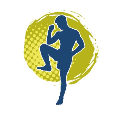 Hareketli erkek kickboksör atletinin silueti. Tekme atan bir adamın silueti..